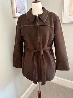 Vintage Y2K Wilsons Leather L Brown Faux Shearling Coat Genuine Fox Fur Belted